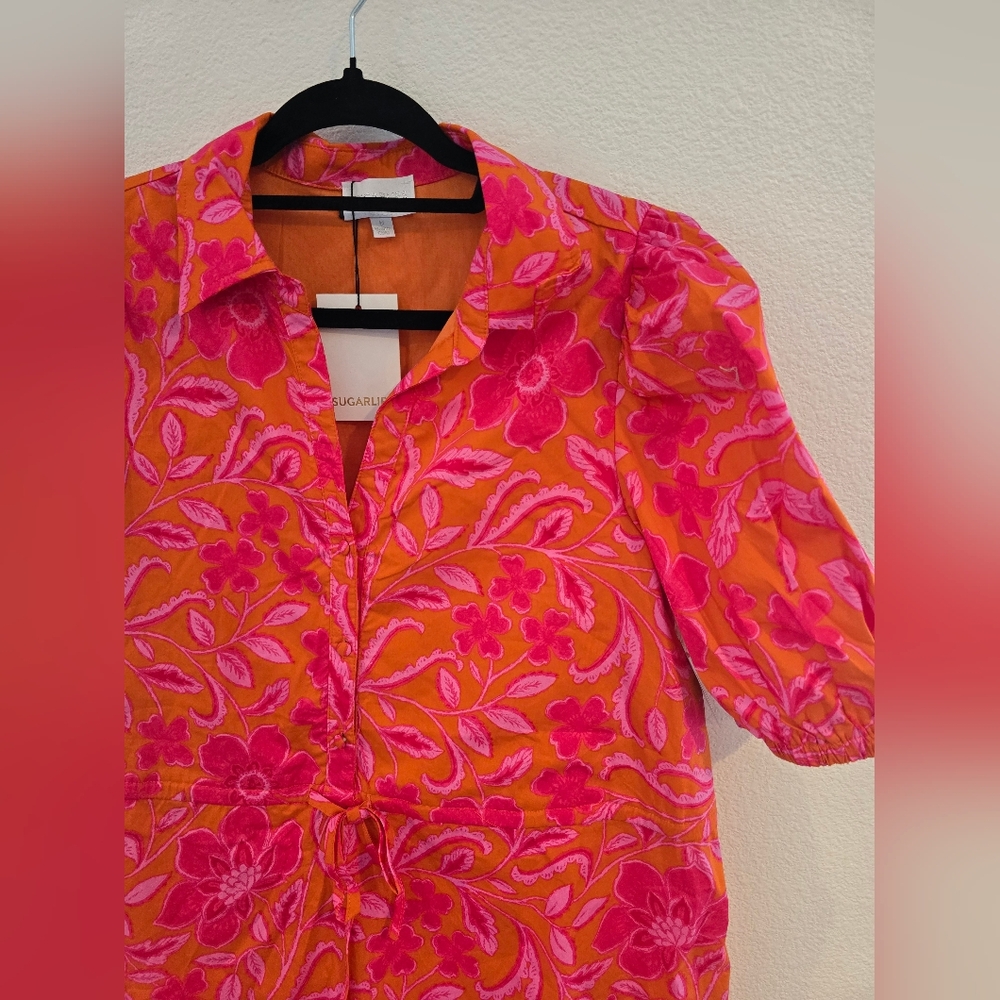 Sugarlips NWT Rea Floral Stacie Button Down Mini Dress in Orange Floral Fuchsia - Picture 7 of 11